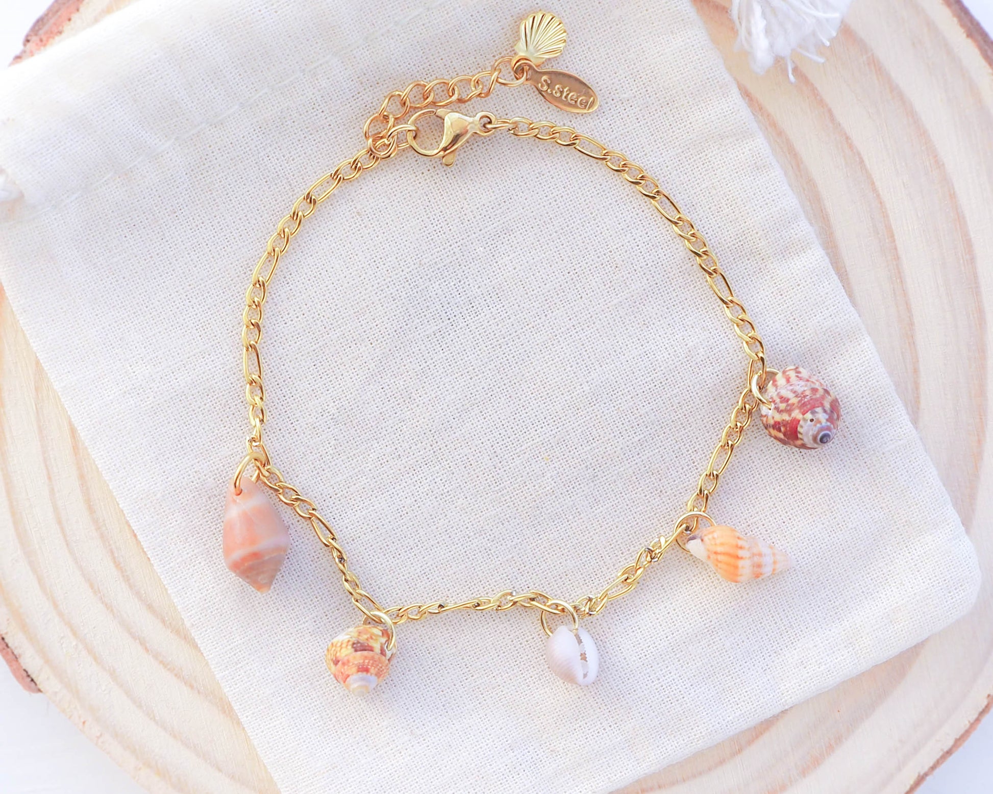 Portugal's Shell Jewelry: Handpicked Tiny Shells Bracelet - Gold Stainless Steel Charm bracelet, Ocean Inspired Jewelry