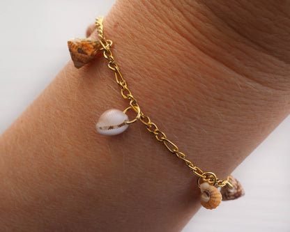 Model wearing Tiny Shells, Infinite Charm: Coastal-inspired Bracelet with Genuine Shells - Stylish and Unique