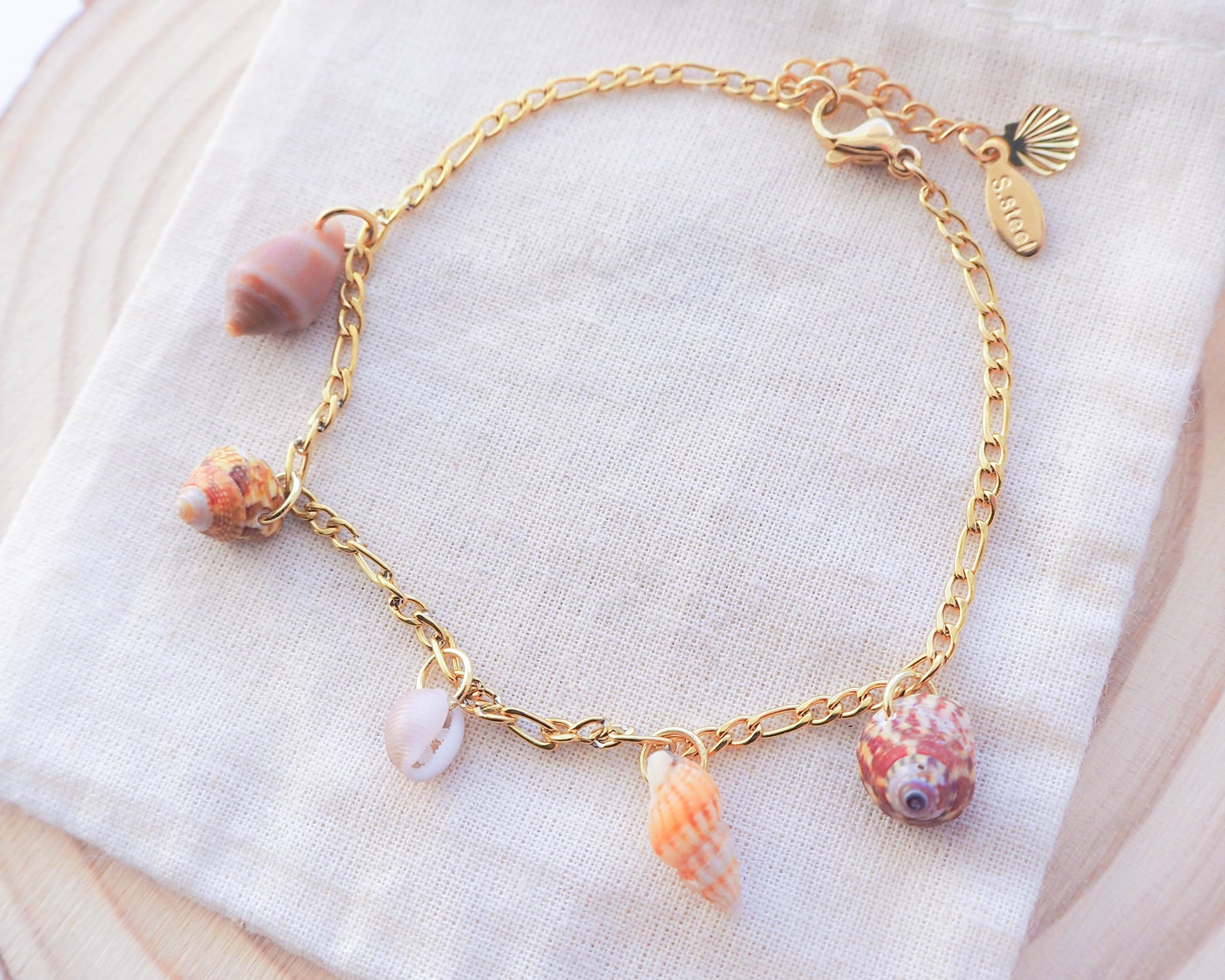 Tiny Shell Charm Gold Bracelet, Stainless Steel, Real shells from Portugal, Cowrie shell, Cone shell , Ocean Inspired Shell Jewellery