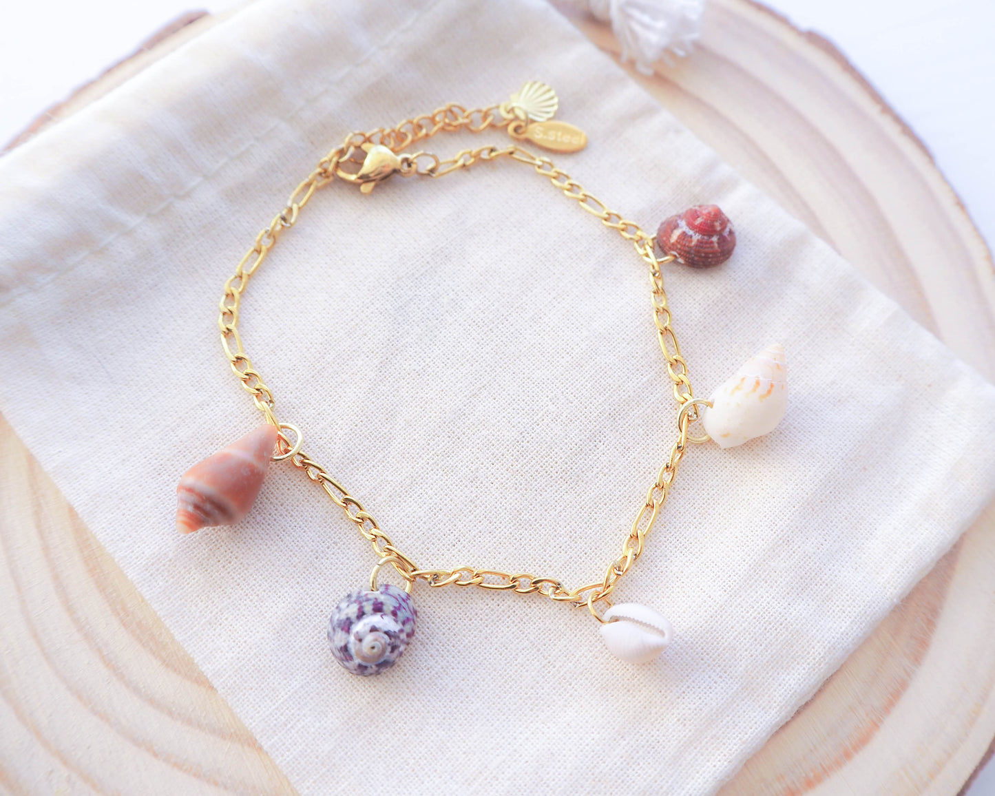 Portugal Coastal Shell Jewellery: Handpicked Tiny Shells Bracelet - Gold Stainless Steel Charm bracelet, Nature-Inspired Jewelry