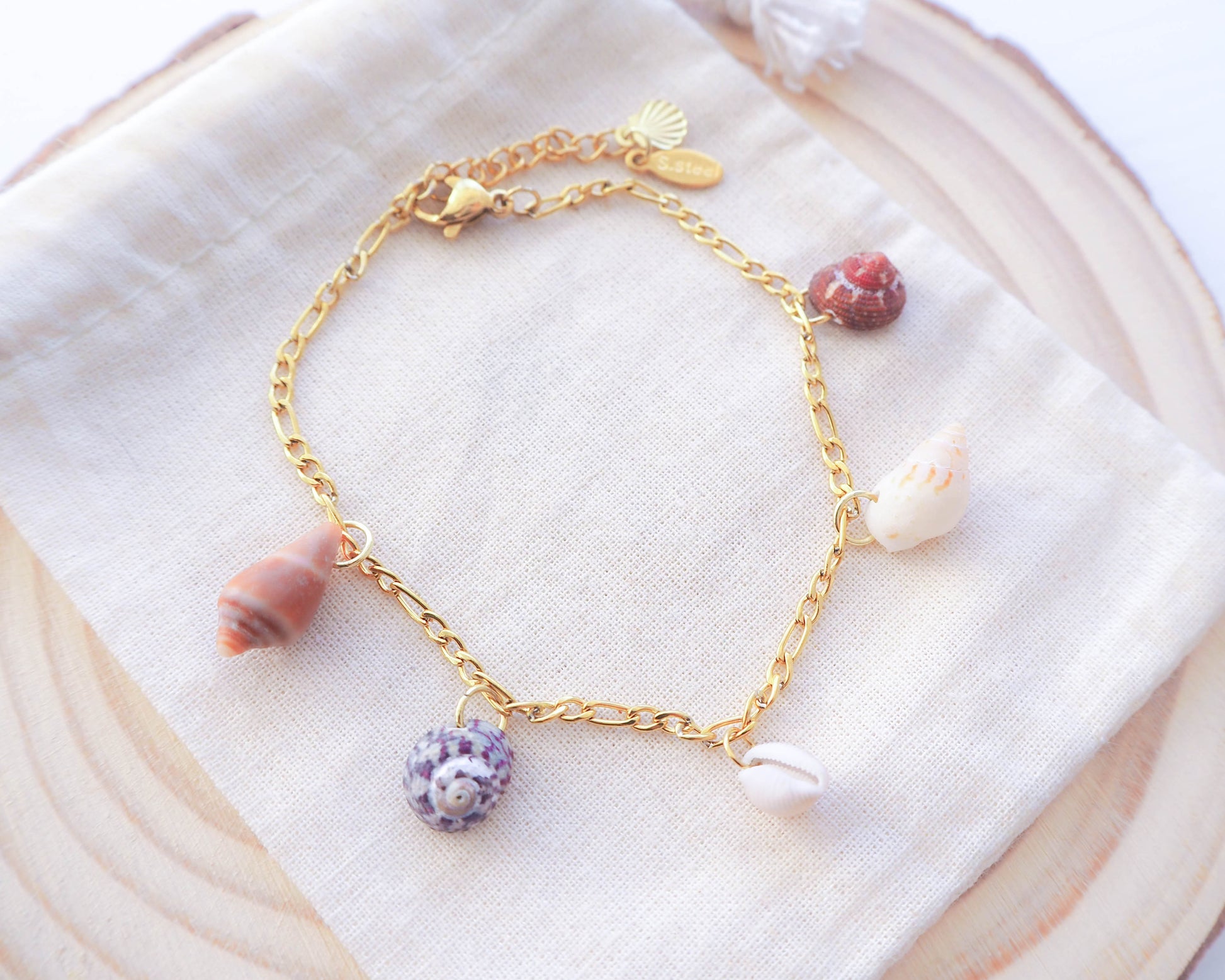 Portugal Coastal Shell Jewellery: Handpicked Tiny Shells Bracelet - Gold Stainless Steel Charm bracelet, Nature-Inspired Jewelry