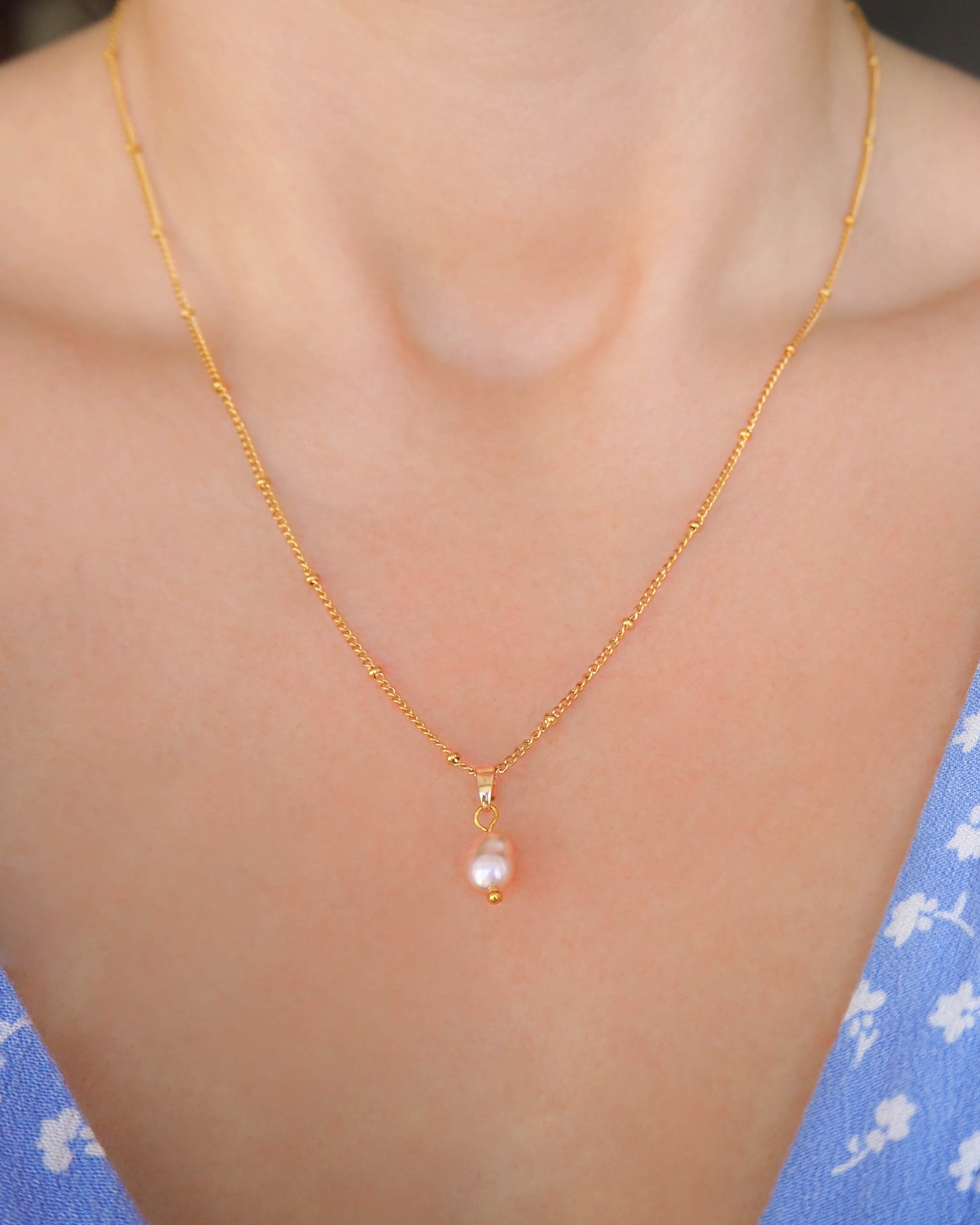 Model wearing Gold Stainless Steel Bead Chain Necklace with Freshwater Pearl Pendant - Timeless Elegance, Sea by Lou