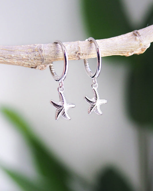 Sterling Silver Earring Hoops with Sea Star Pendants - Coastal Chic Jewelry, SeabyLou