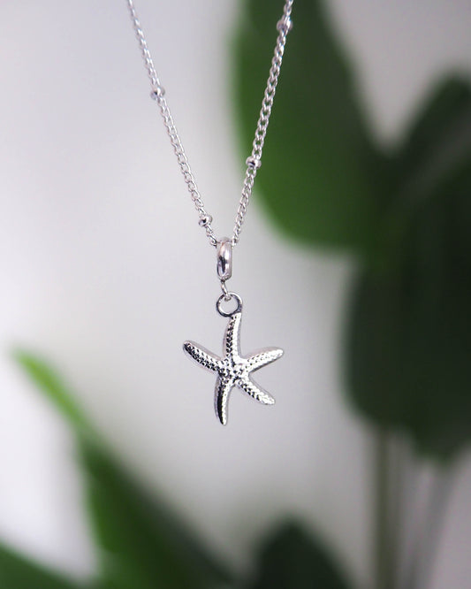 Silver Starfish Sea Star Necklace, Seabylou, Hypoallergenic Stainless Steel Bead Chain, Ocean Inspired Jewelry, beach girl jewellery