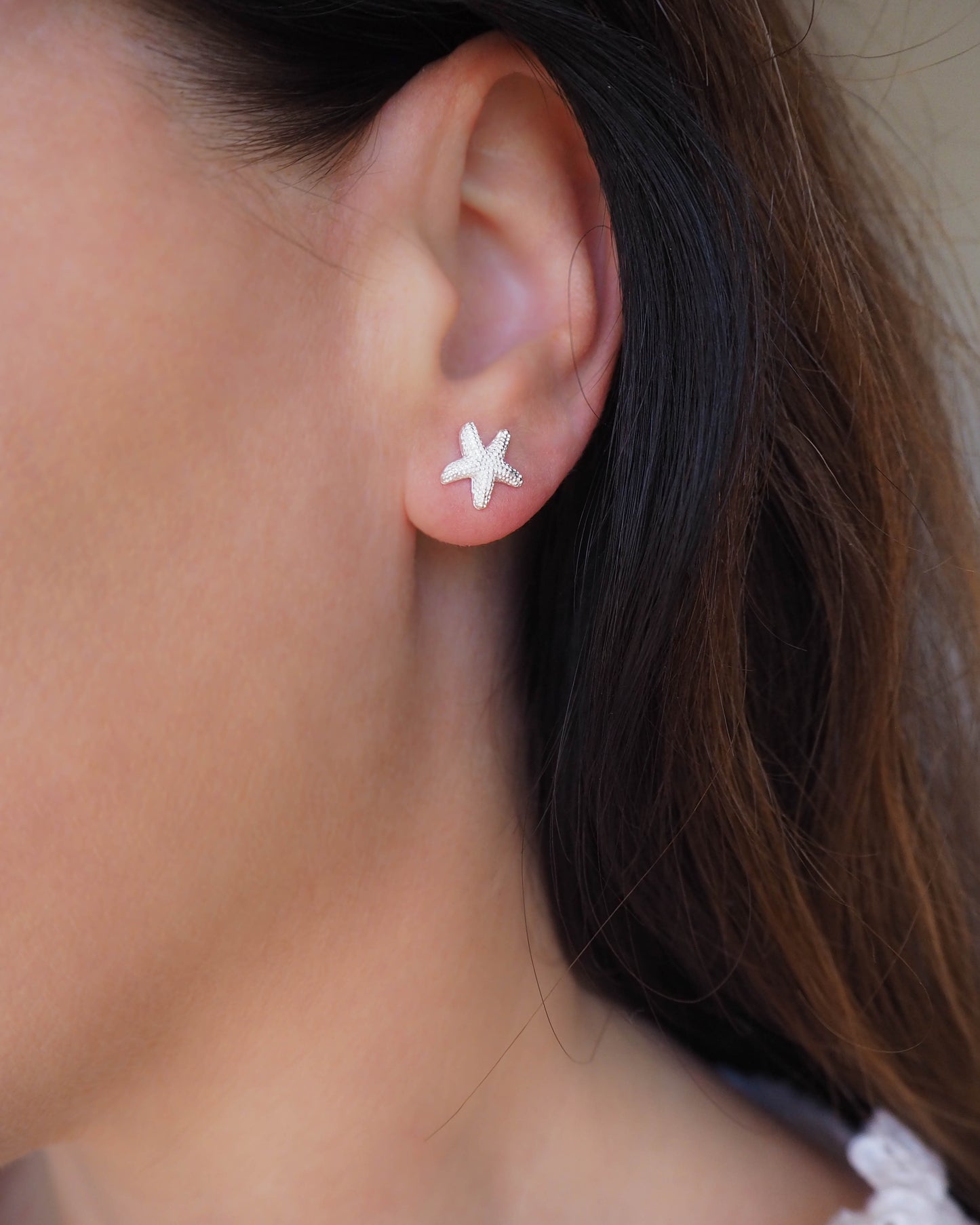 Model wearing Sterling Silver Earring Studs with Sea Star - Coastal Chic Jewelry, SeabyLou