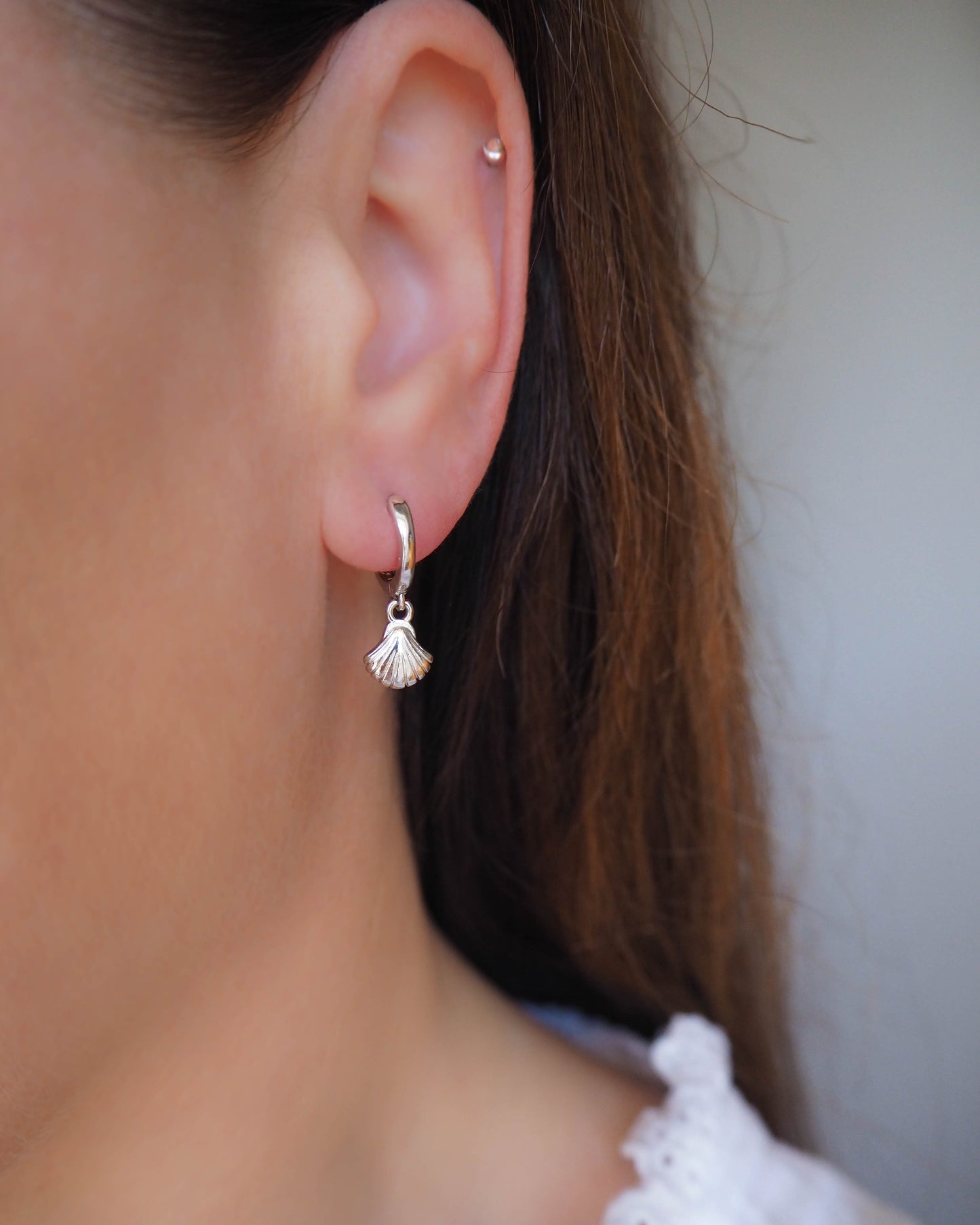 Model wearing Sterling Silver Earring Hoops with Shell Pendants - Silver Shell Earrings - Coastal Chic Jewelry, SeabyLou