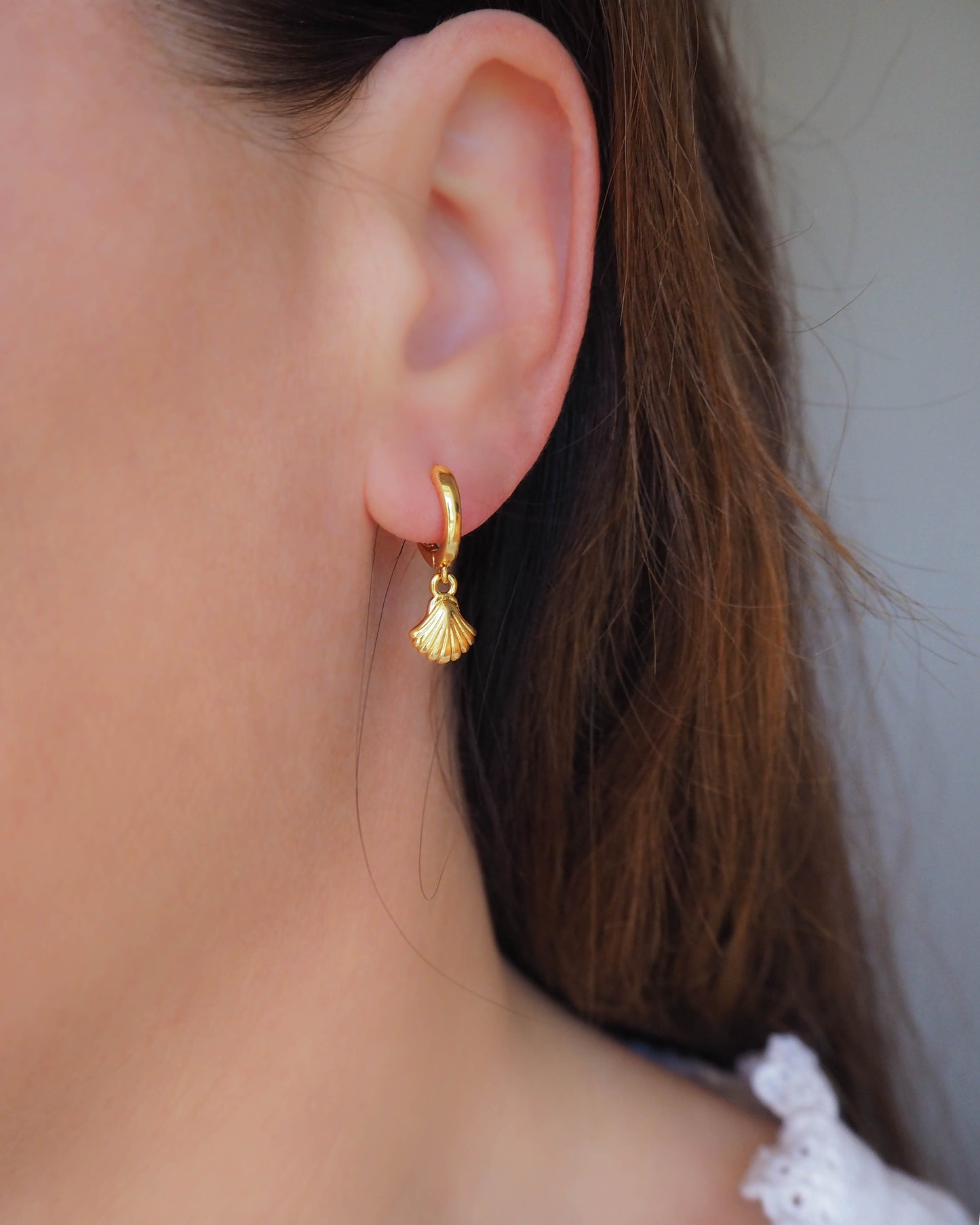 Model wearing Gold Plated Earring Hoops with Shell Pendants - Silver Shell Earrings - Coastal Chic Jewelry, SeabyLou
