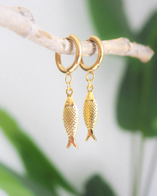 Gold Sardine Fish Earrings - Coastal Jewelry from Portugal, seabylou, Sea by Lou, Fish earrings