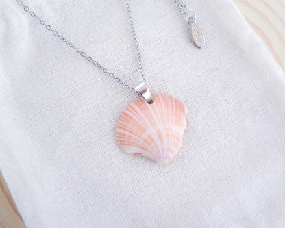 Strawberry Pink Striped Shell Silver Necklace with a Venus Shell from Portugal, seabylou ocean inspired jewelry, real shell necklace