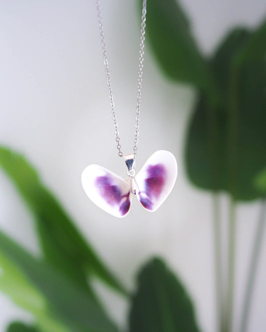 Silver Coquina Shell Necklace, Real Shell from Algarve. Purple Butterfly Necklace Stainless Steel chain