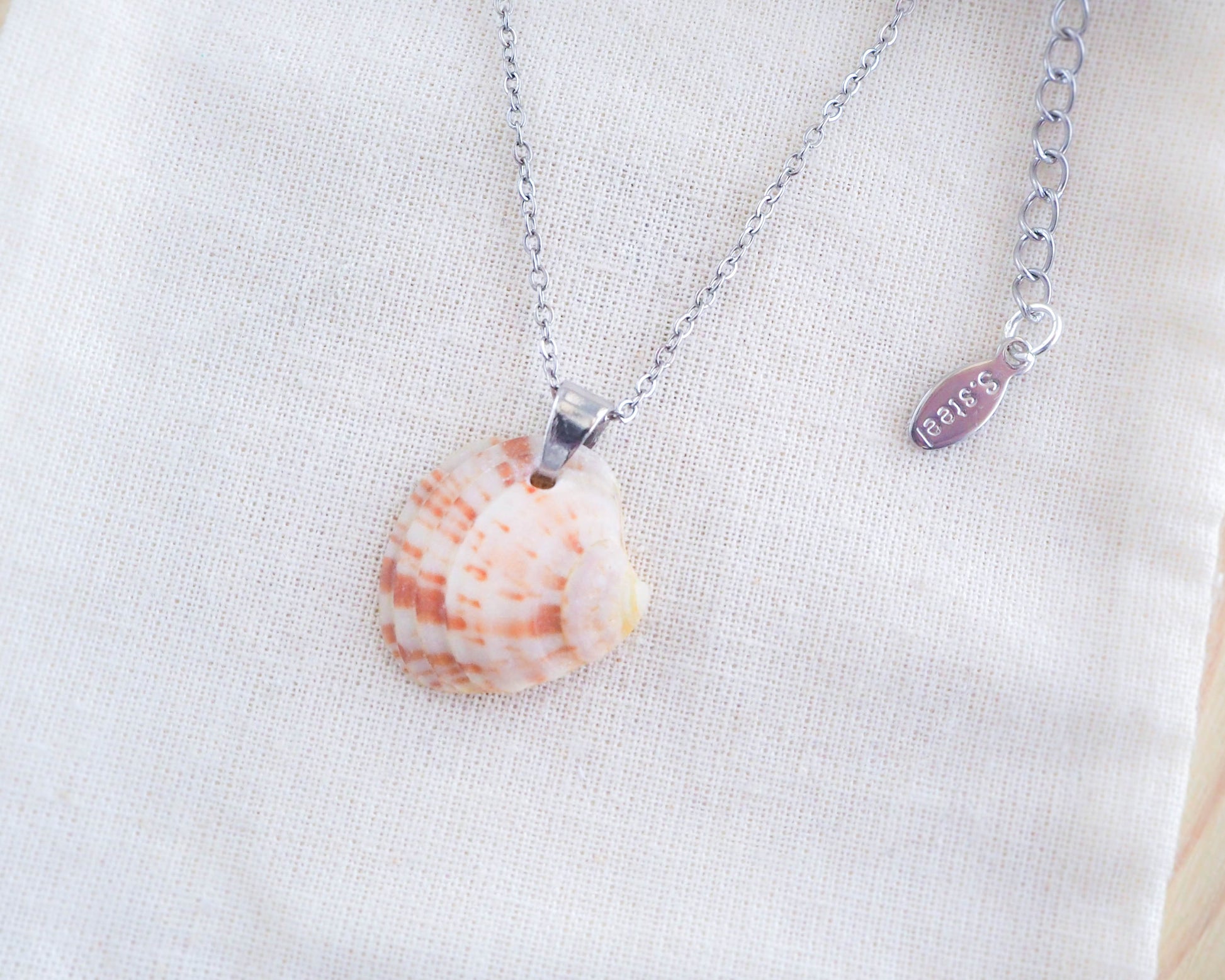 White Pink Shell Silver Necklace, Ocean Inspired Jewelry, Stainless Steel chain, Shell from Portugal, Sea by Lou