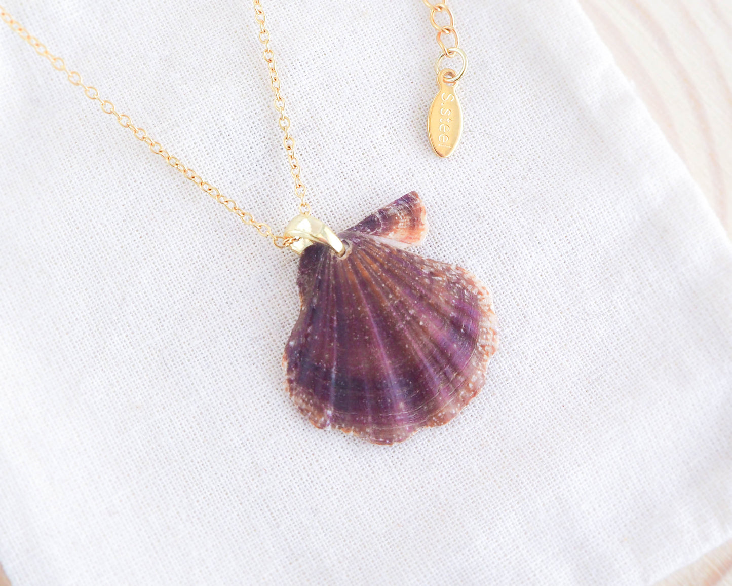 Animal Print Shell Gold Necklace, Real Shell from Algarve, Portugal. Brown Scallop Shell Necklace, Stainless Steel chain,