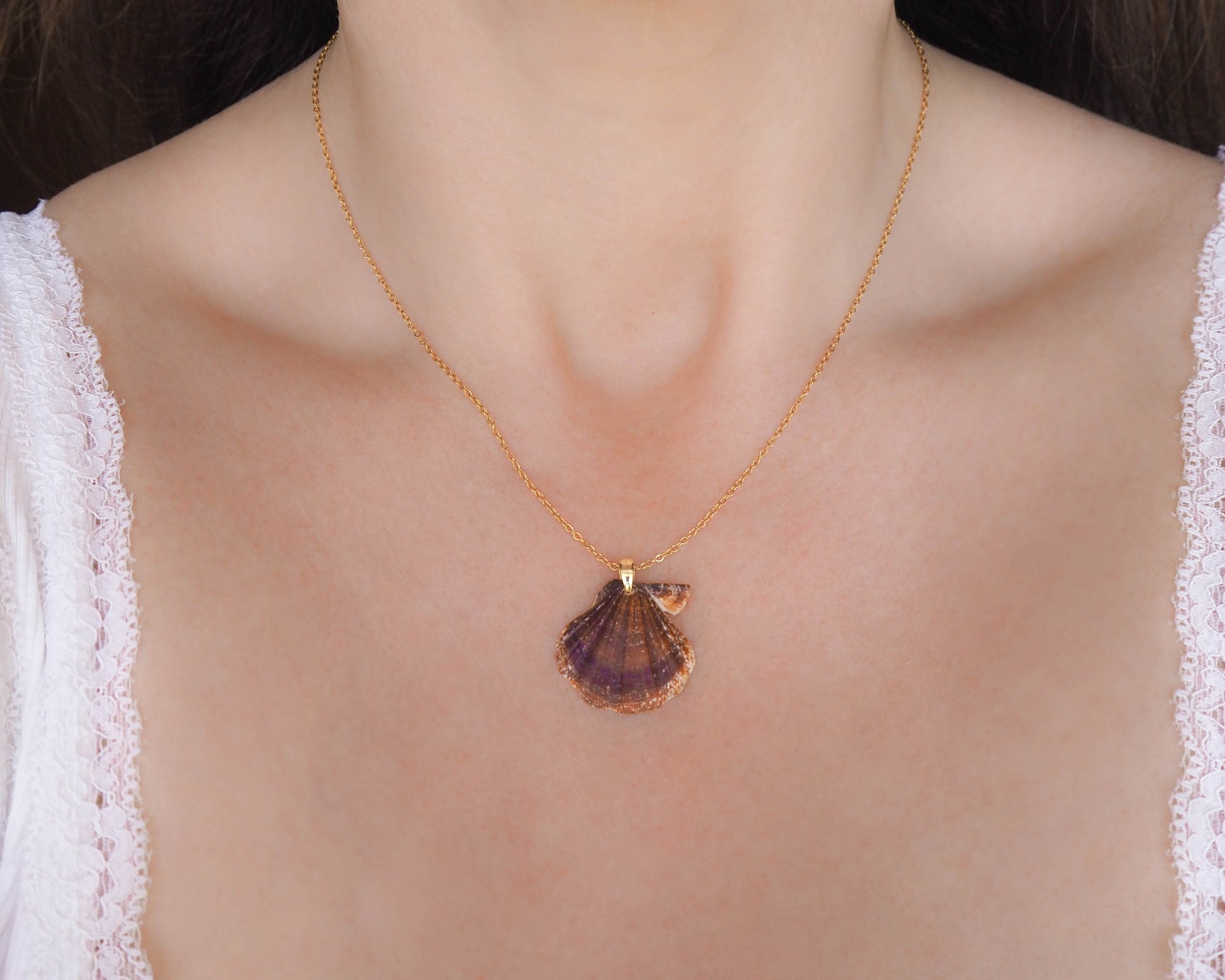 Model wearing Brown Scallop Shell Necklace with Gold Chain