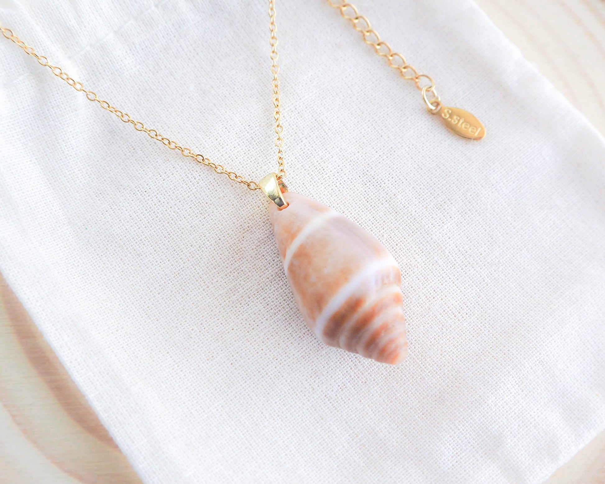 Gold Cone Shell Necklace, Real Shell from Algarve. Stainless Steel chain