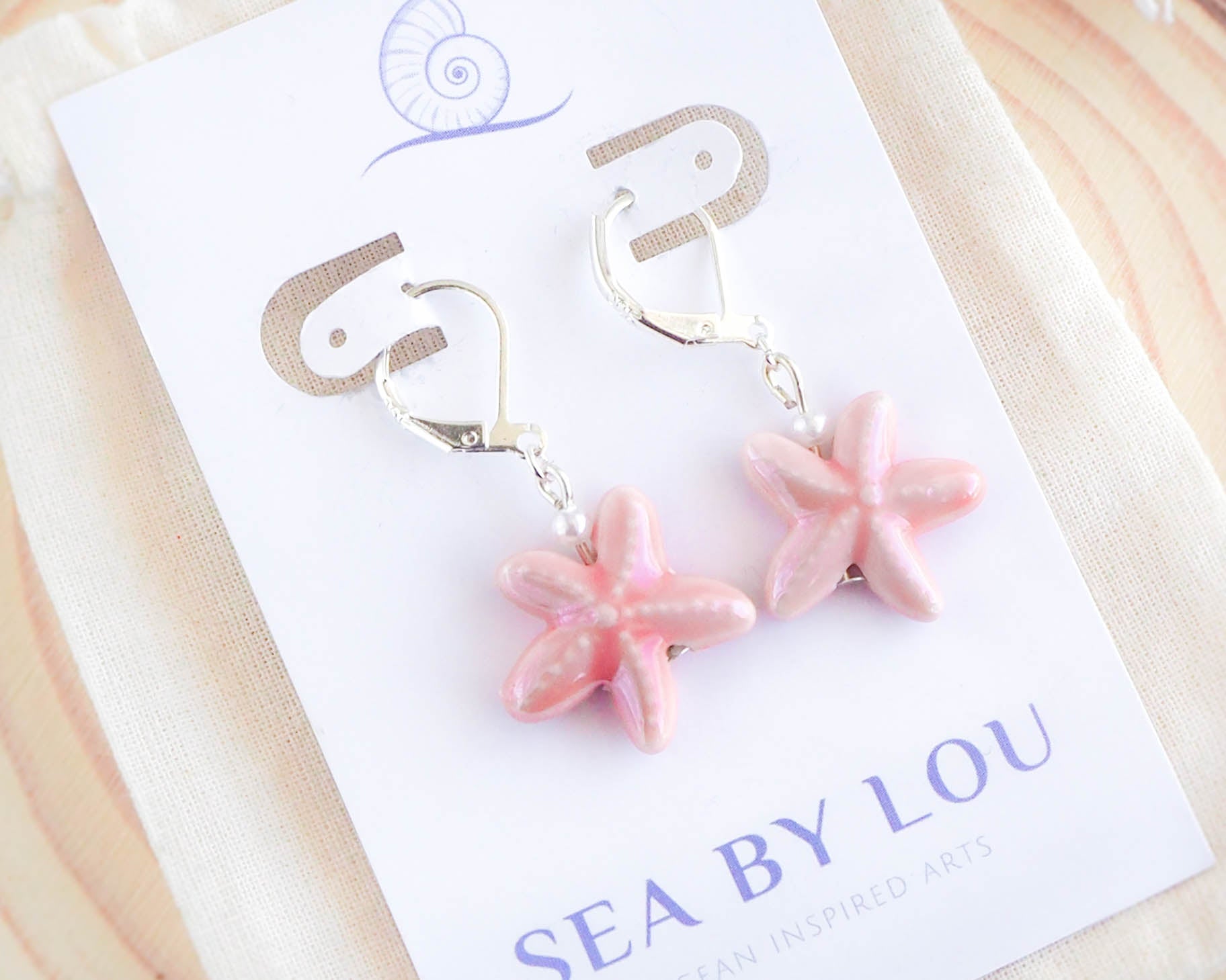 Pink Starfish earrings - Ceramice Sea Stars from Portugal - 925 sterling silver