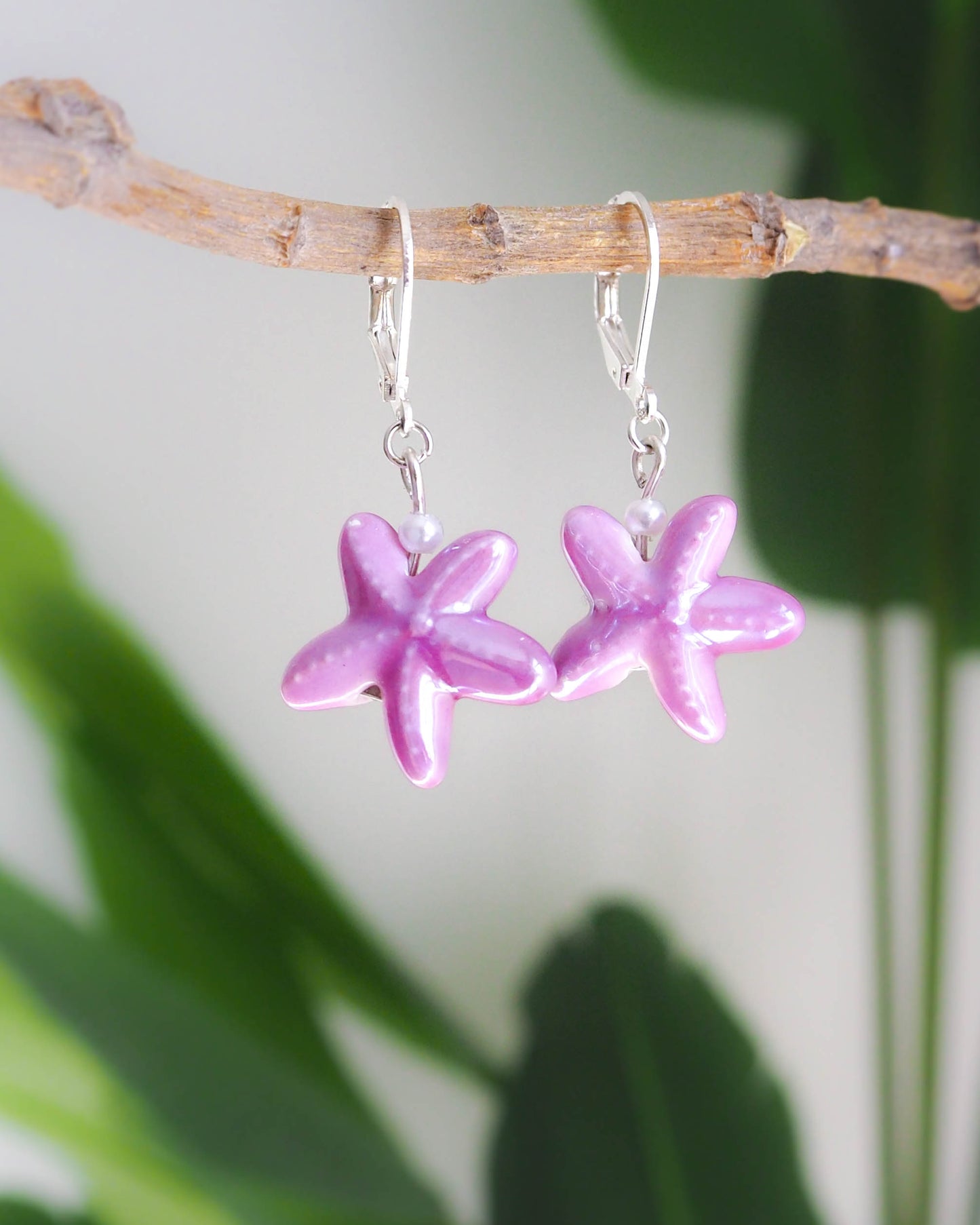 Handmade Purple Sea Star Earrings - Coastal Chic in Silver - Ceramic Starfish Earrings
