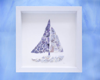 Shell Sailing Boat in Frame, Seashell Mosaic, Coastal Homedecor, Shell Boat artwork