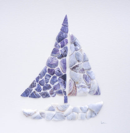 Mussel Mosaic Shell Sailing Boat, unique coastal artwork, Shell art from Portugal, barco a vela