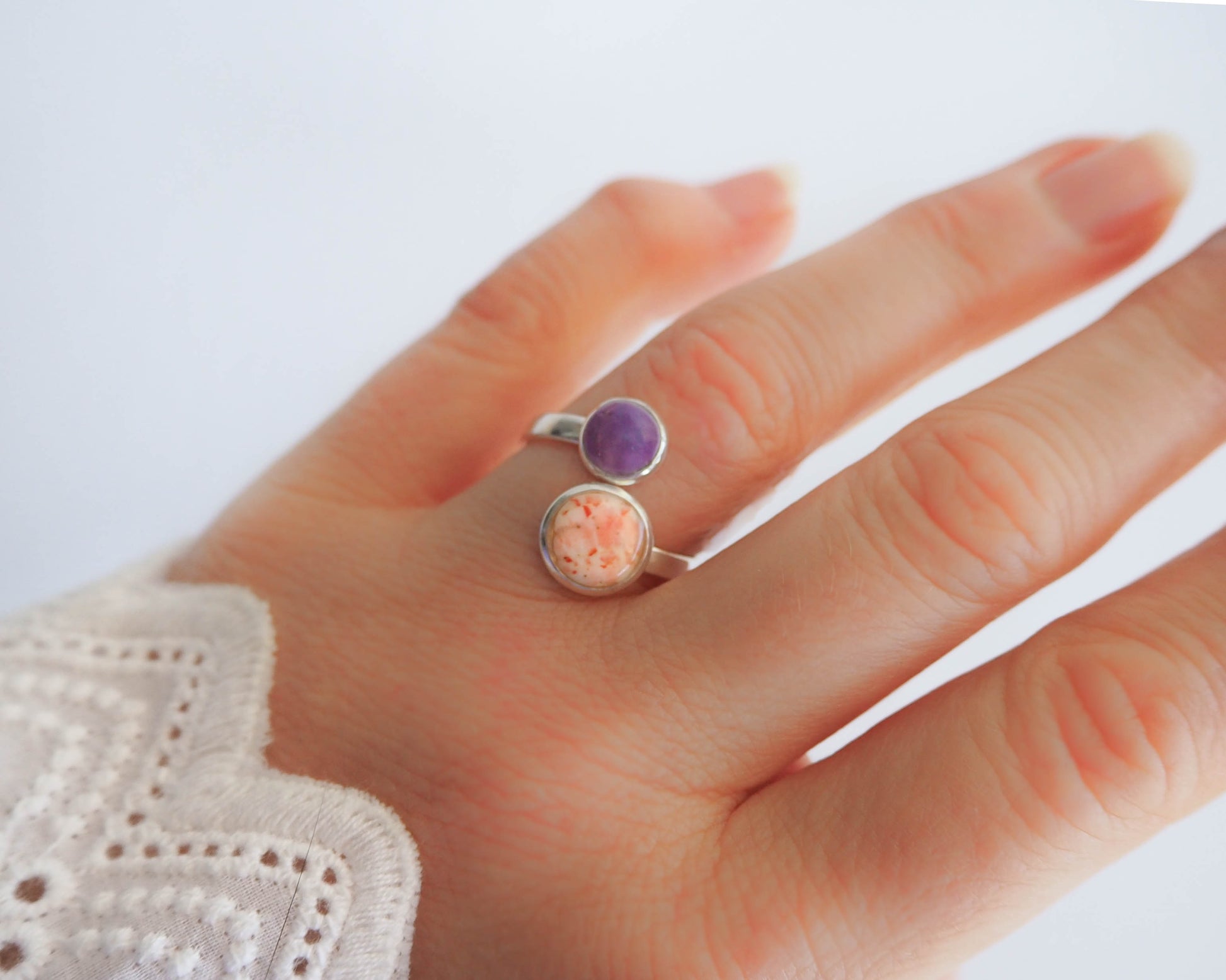 Model wearing Purple Pink Shell Ring, Silver Seashell Ring, Real Shell Ring, Sea by Lou Jewelry, shell from Portugal, beach girl gift from Portugal, seabylou, Coastal Jewellery