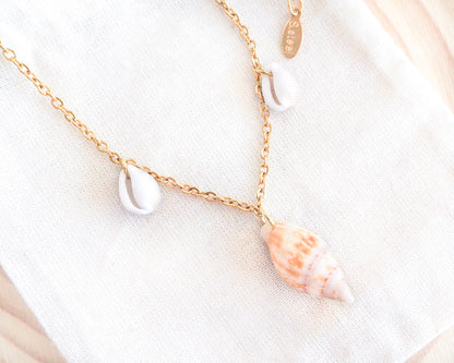 Gold Stainless Steel Necklace with Cowrie Shells and Rustic Dove Shell - Sea by Lou Ocean Inspired Jewelry