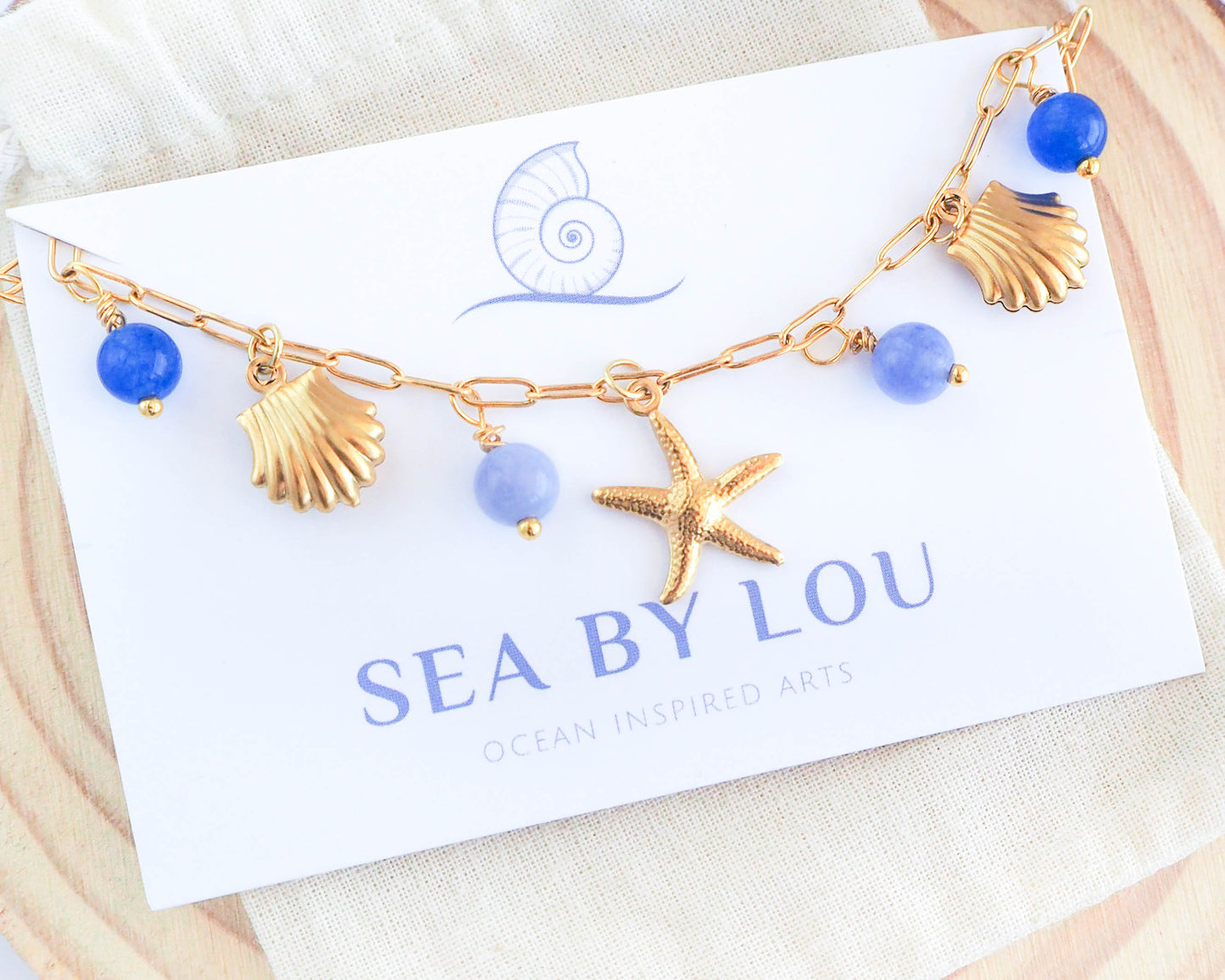 Gold Sea Star and Shells Charm Ankle Bracelet with Gemstones, Stainless Steel Bracelet, Coastal Summer Jewelry, Beach Girl Gift, Gold Sea Star and Shells Ankle bracelet with aquamarine, Sea by lou