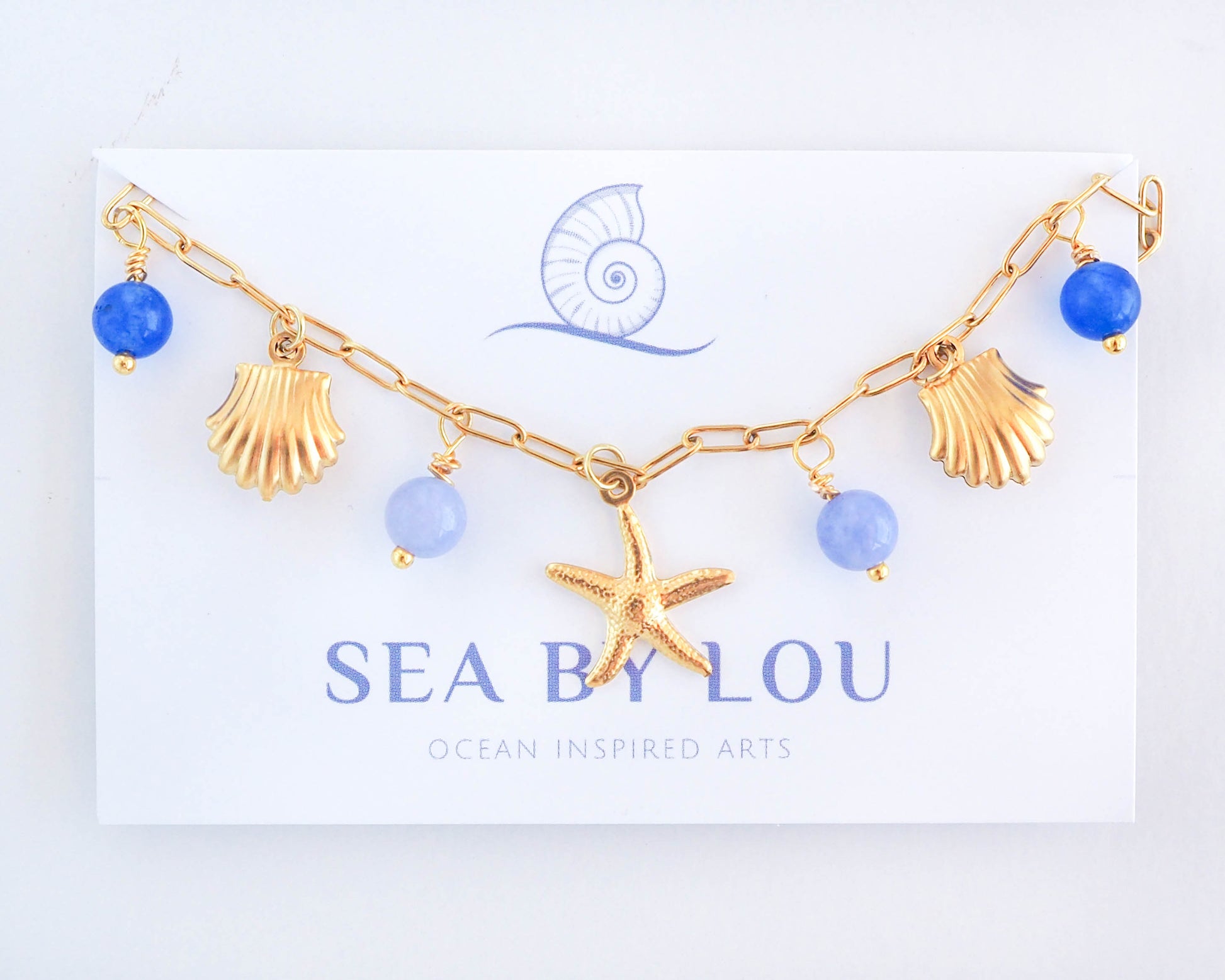 Gold Sea Star Starfish Shell Charm Ankle Bracelet with Gemstones , Gold Gemstone Stainless Steel Bracelet, Coastal Summer Jewelry, Beach Girl Gift, Gold Starfish Aquamarine Anklet, Sea by Lou