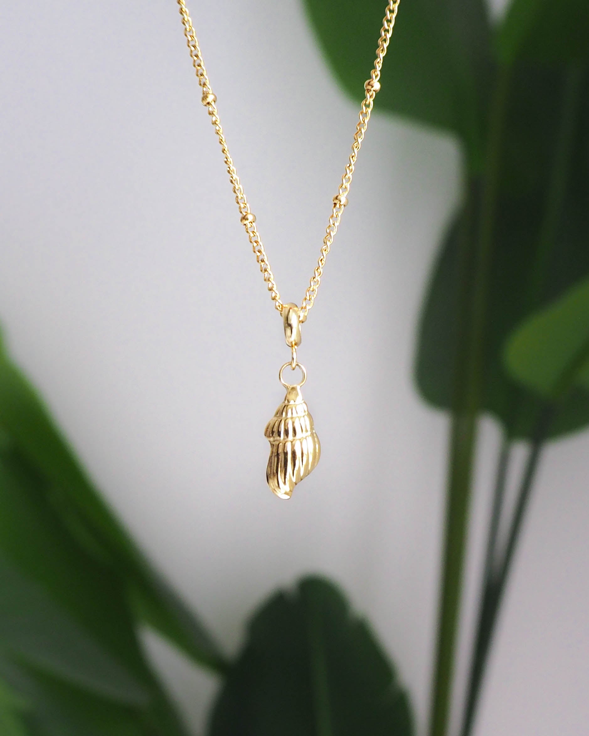 Close-up of Conch Shell Gold Necklace made with hypo allergen High-Quality Stainless Steel Jewelry, Shell Necklace