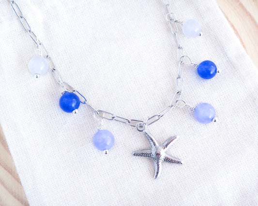 Silver Sea Star Charm Ankle Bracelet with Gemstones , Silver Gemstone Stainless Steel Bracelet, Coastal Summer Jewelry, Beach Girl Gift, Gold Starfish Aquamarine Anklet, Sea by Lou