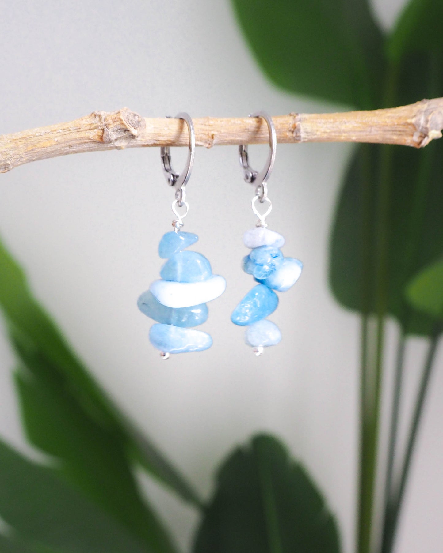 Aquamarine Earrings with Silver Stainless Steel Hooks, Coastal jewelry, Sea by Lou
