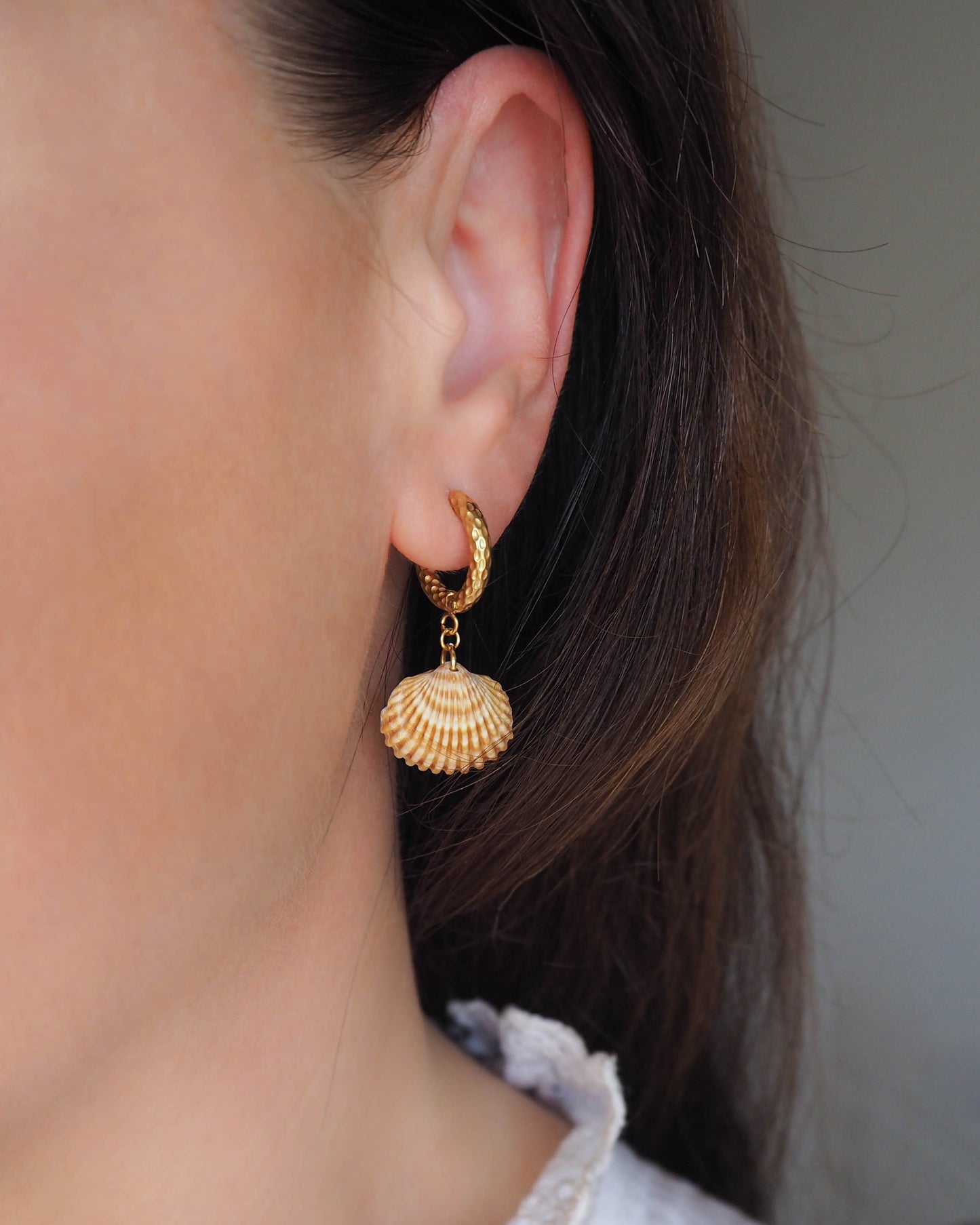 Model wearing Mediterranean Cockle Shell Earrings with Gold Loop Hooks – Coastal Chic Jewelry
