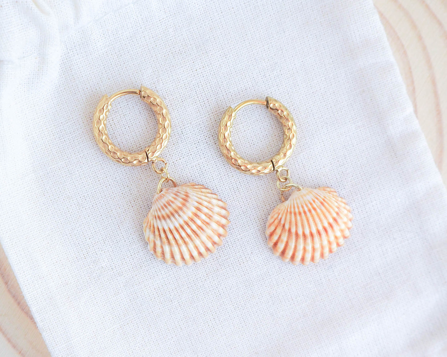 Gold Mediterranean Cockle Shell Earrings with Gold Loop Hooks – Seaside Chic Jewelry