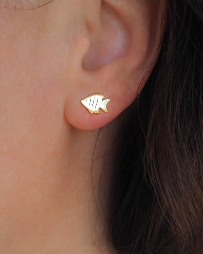 Model wearing Gold Fish Stud Earrings, Stainless Steel, Sardine Earrings from Portugal