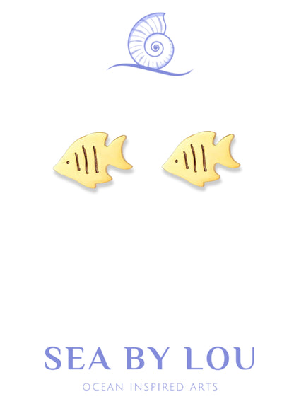 Gold Fish Stud Earrings, Stainless Steel Hippocampus, Ocean-inspired Jewelry from Portugal