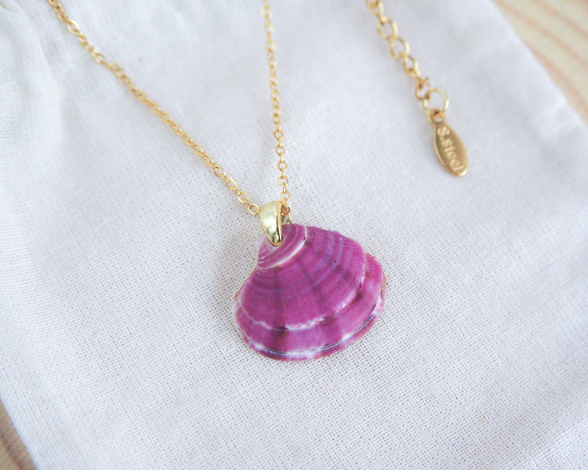 Gold Purple Plum Venus Shell Necklace from Portugal, seabylou ocean inspired jewelry, real shell necklace