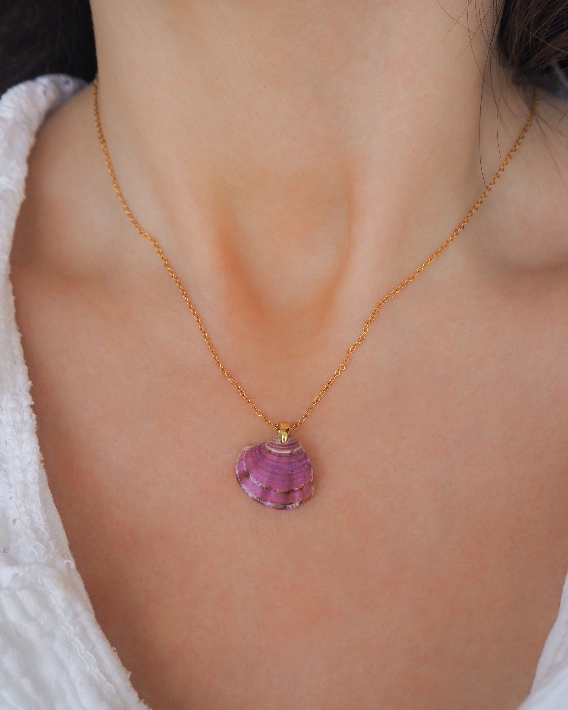 Purple Plum Venus Shell Gold Necklace on Model,, real shell necklace