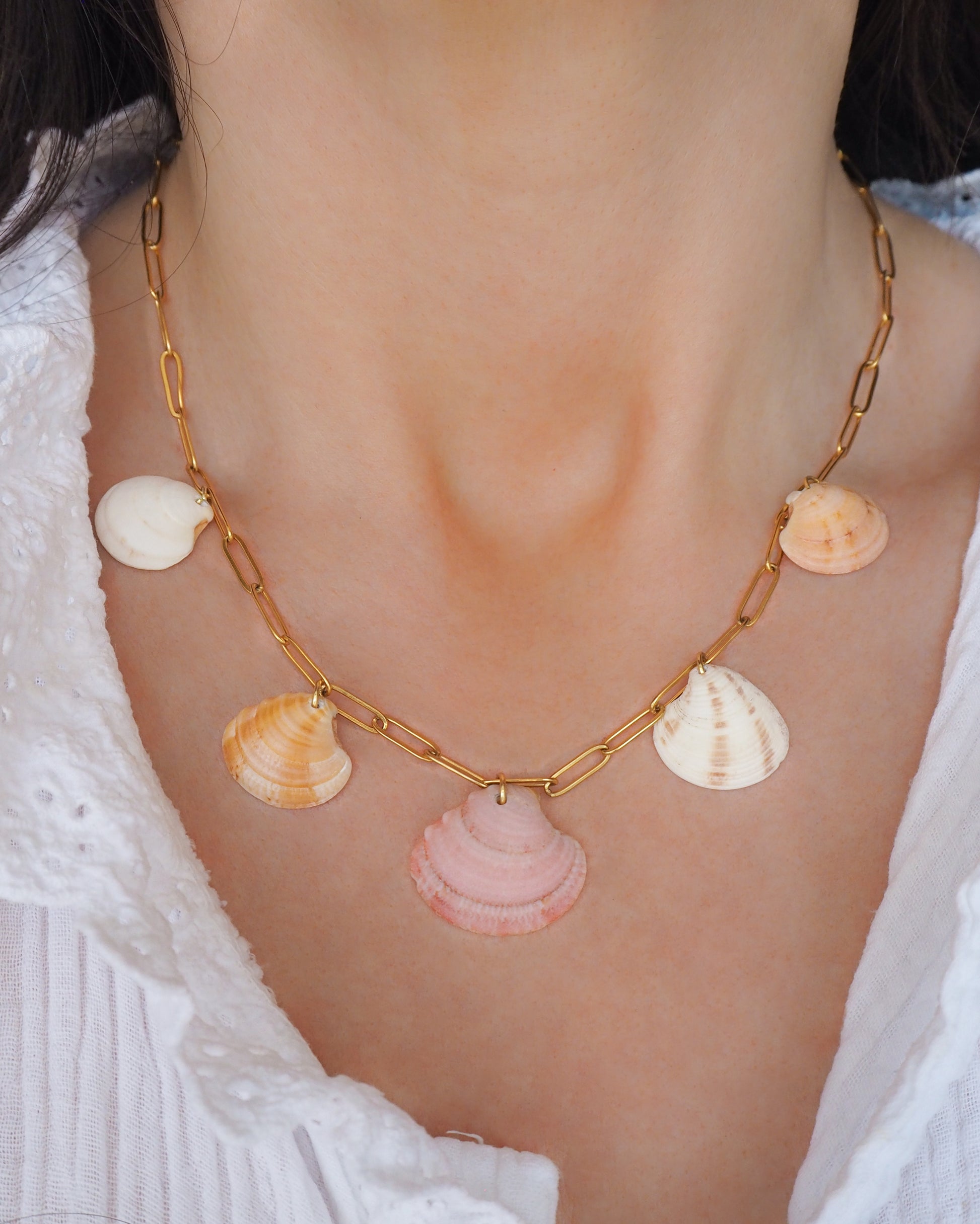 Venus Shell Charm Necklace with Gold Chain on model, Real Shell Jewelry, Sea by Lou,