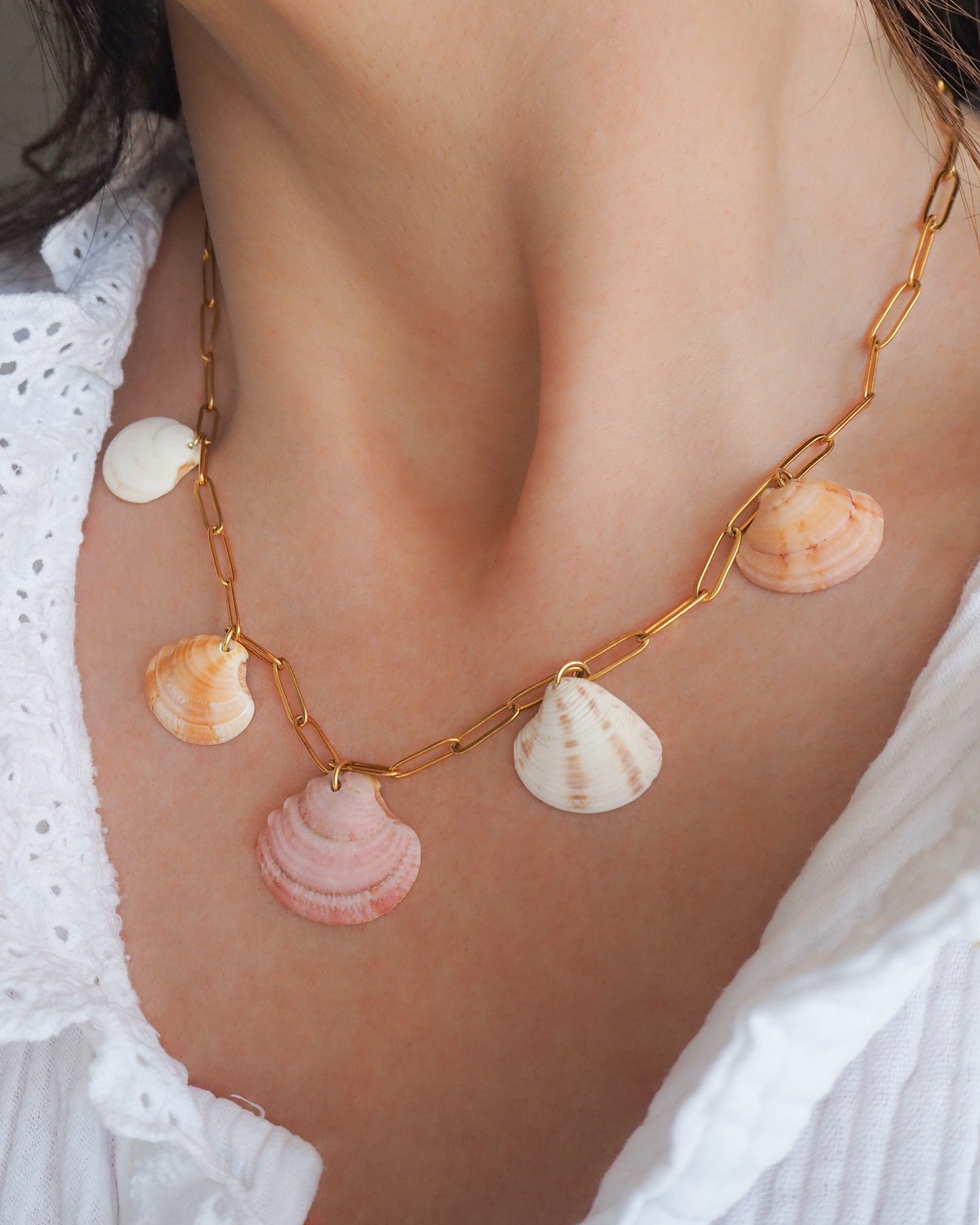Venus Shell Charm Necklace with Gold Chain side view, Real Shell Jewelry, Sea by Lou,
