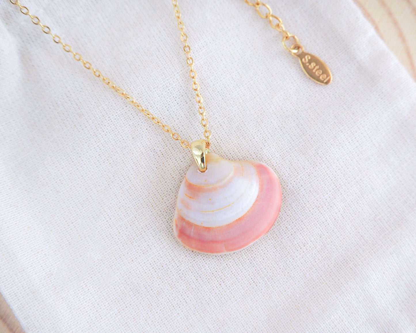 Pink White Venus Shell Gold Necklace on display, Real Shell Jewelry, Sea by Lou, seabylou, Beach Girl Jewelry