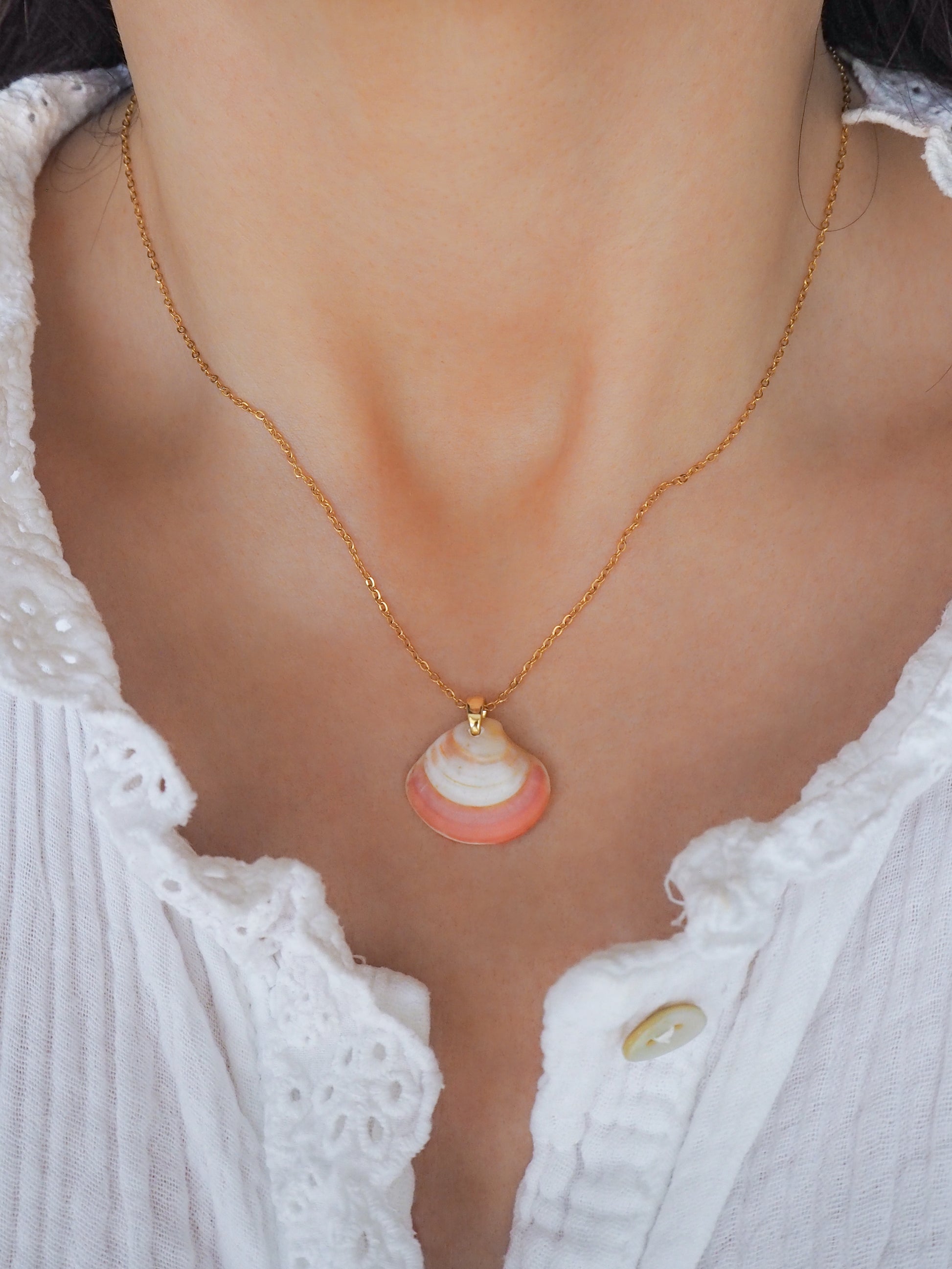 Pink White Venus Shell Gold Necklace on model, Real Shell Jewelry, Sea by Lou, seabylou, Beach Girl Jewelry