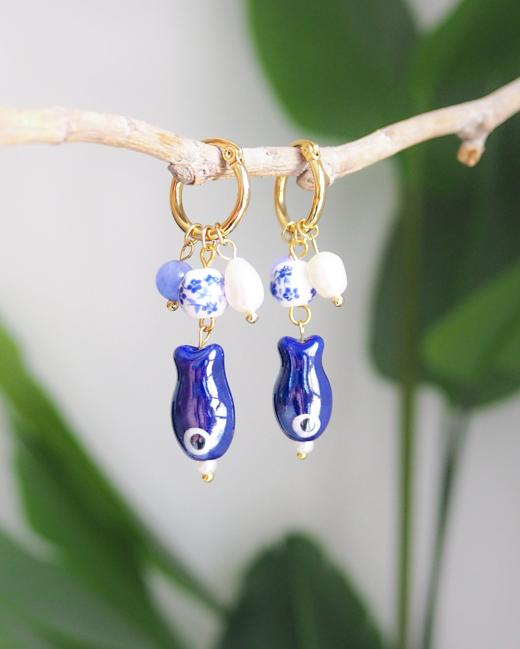 Gold Portuguese Sardine Fish Azulejo Tile Earrings with Gemstones and Freshwater Pearls