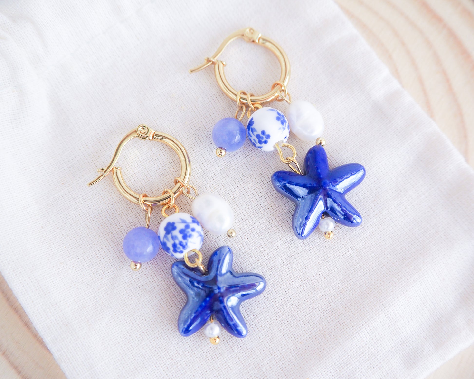 Portuguese Blue Sea Star  Starfish Gold Earrings with Azulejo Tile Beads, Freshwater Pearls and Gemstones - Handmade Ocean Inspired Jewelry