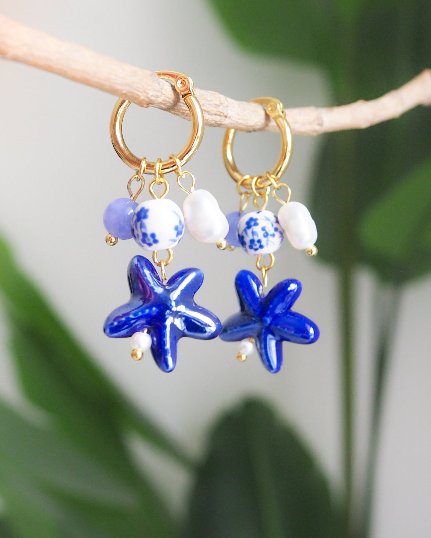 Close up Portuguese Blue Sea Star Starfish Gold Earrings with Azulejo Tile Beads, Freshwater Pearls and Gemstones - Handmade Ocean Inspired Jewelry