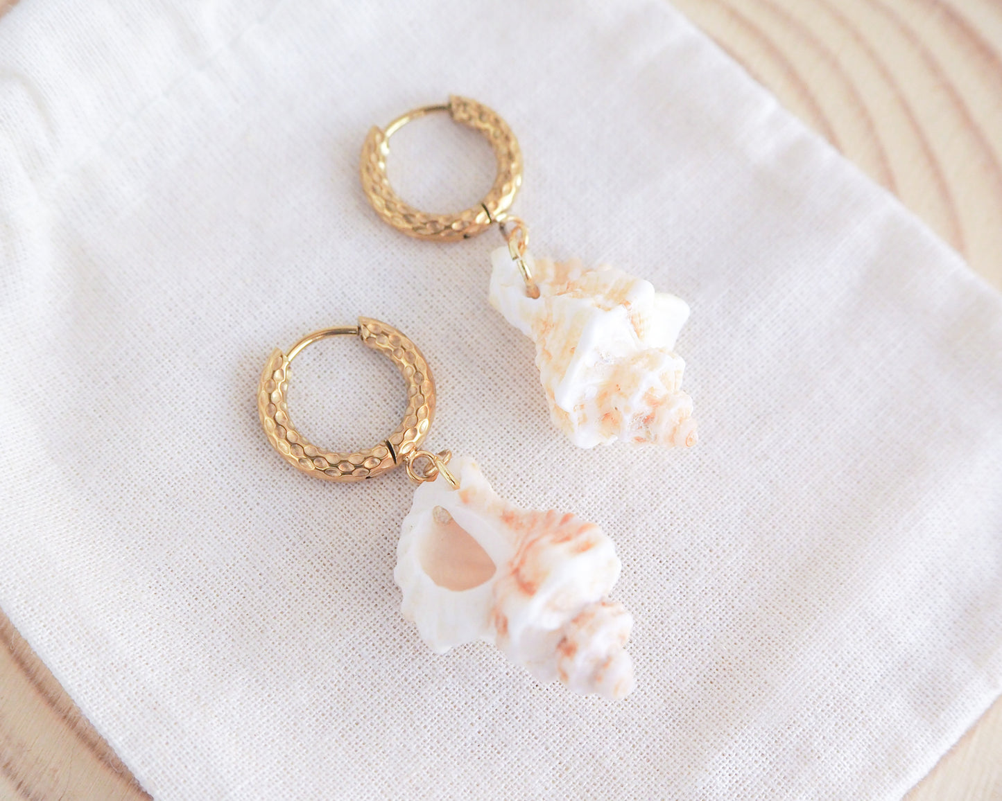Gold Sting Winkle Shell Earrings with Gold Hoop Hooks on display
