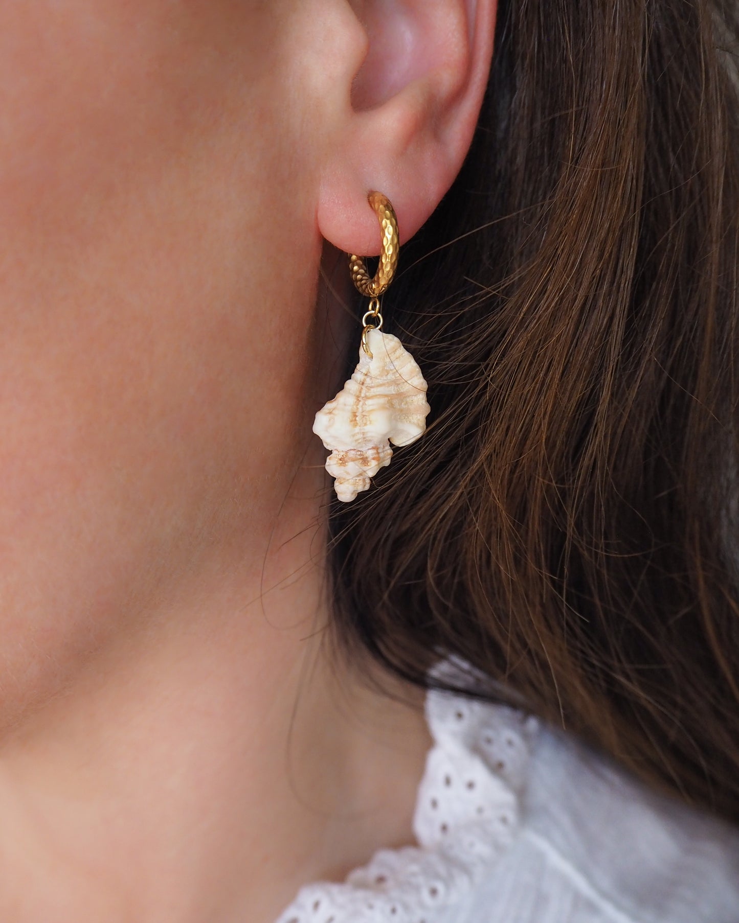 Gold Sting Winkle Shell Earrings with Gold Hoop Hooks in ear of model