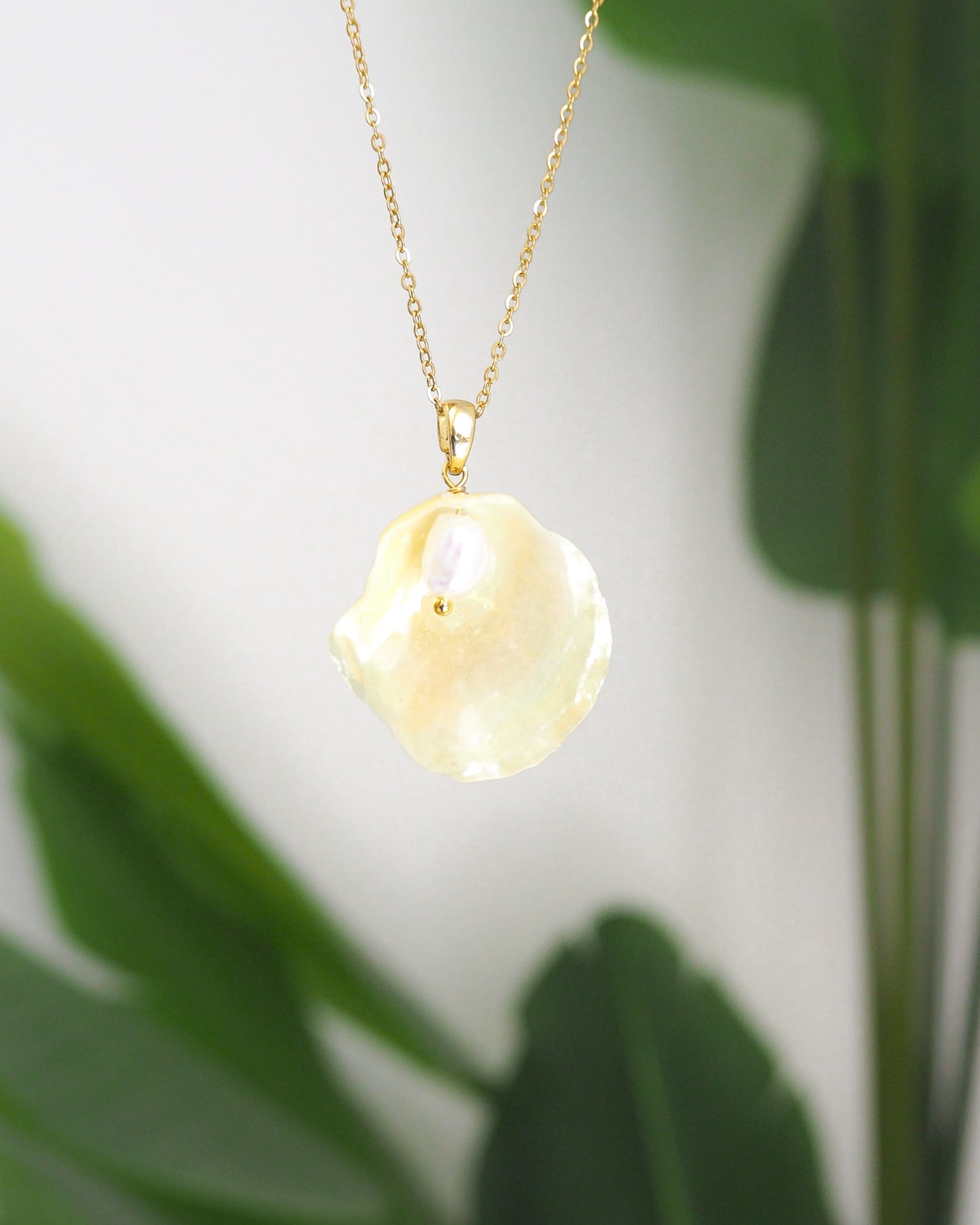 Yellow Jingle Shell Gold Necklace, Mother of Pearl Pendant