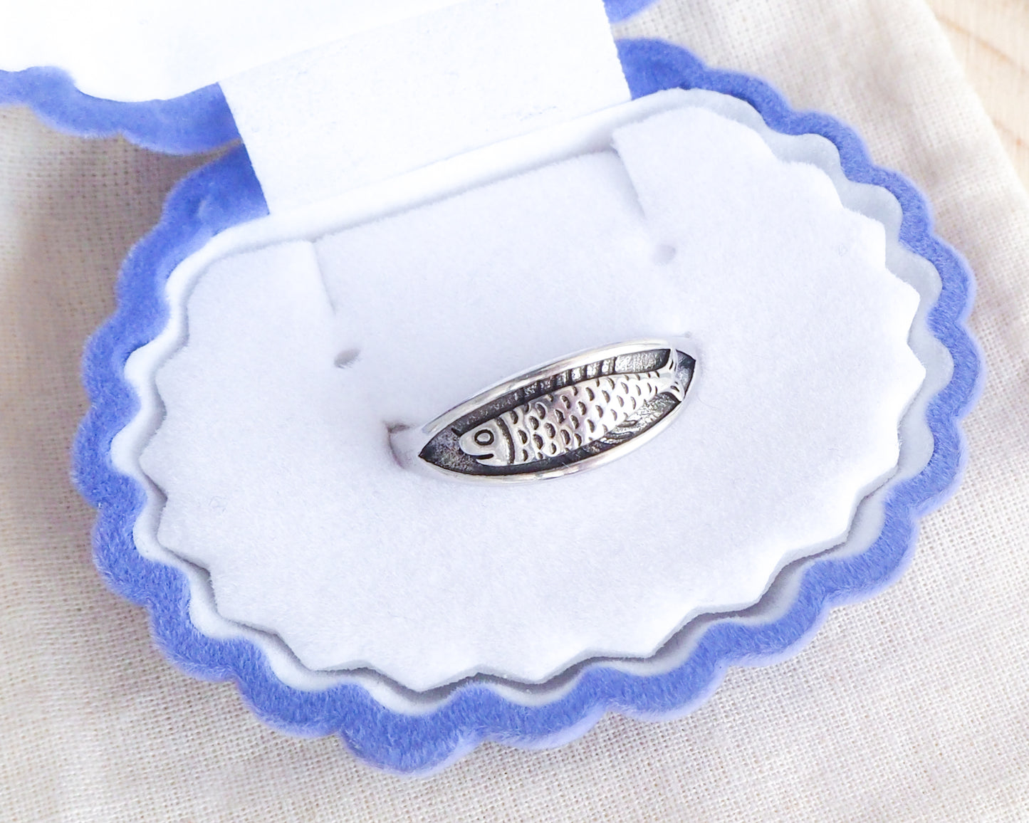 Sardine Fish Ring made with 925 Sterling silver in jewelry box, Sardine jewelry from Portugal, Coastal style, Minimalistic jewelry