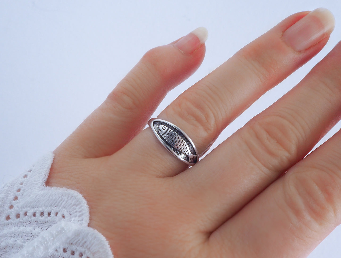 Sardine Fish Ring made with 925 Sterling silver on finger, Sardine jewelry from Portugal, Coastal style, Minimalistic jewelry