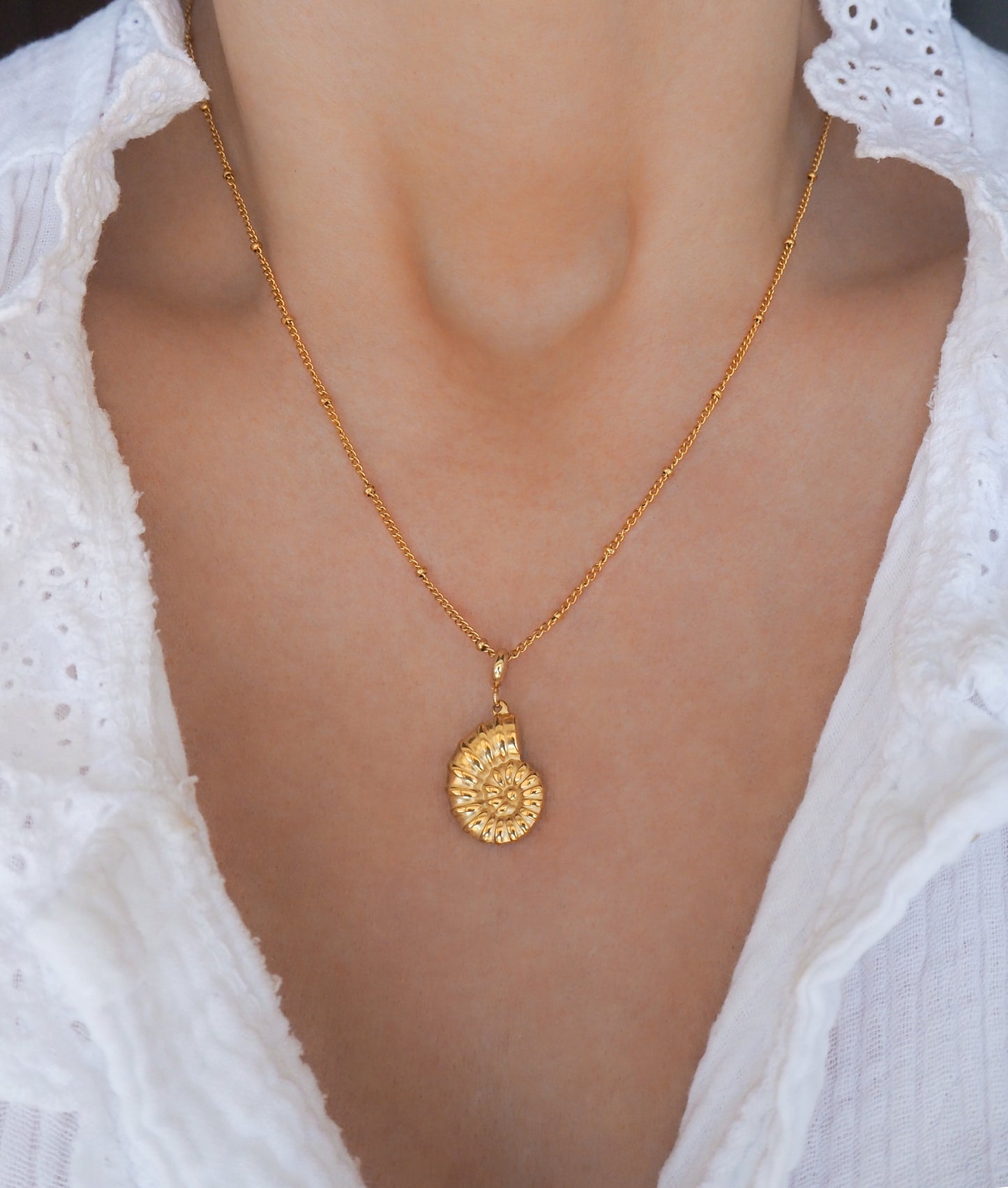 Nautilus Seashell Gold Necklace, Seabylou pendant on model 