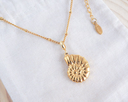 Nautilus Seashell Gold Necklace, Seabylou pendant on display