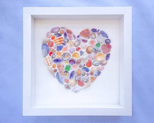 Shell Heart Rainbow Color in Frame, Coastal Nursery room, Seashell Heart